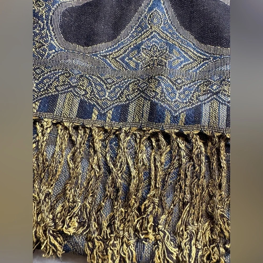 New Blue, Gold, Cream Paisley Print Soft Cozy Luxe Fringe Scarf - 67” x 28”